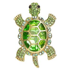 Green Turtle Rhinestone Brooch Pin Stylish Sea Sparkle Glam glass